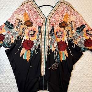 Rose + Olive Floral Asian Inspired Kimono Top, Boho Style, Women's Size S.